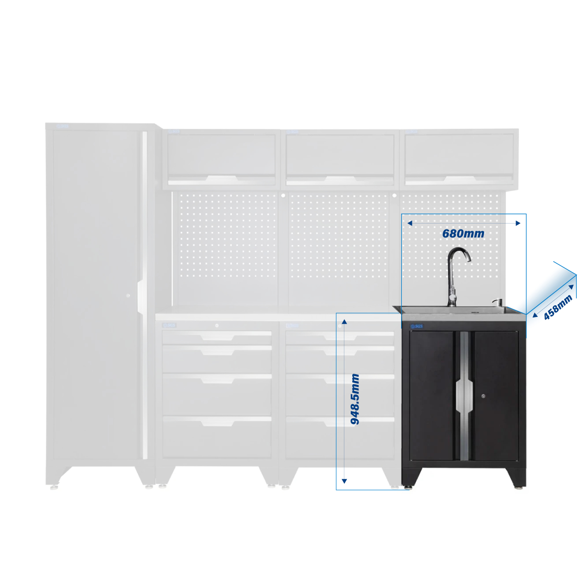 SGS 10pc Modular Garage Storage | 8 Drawers | Stainless Steel Worktop | Tall Single Cabinet | Sink Unit | 3x Upper Cabinets